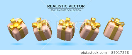 Set of Realistic 3d gift box with golden ribbons isolated on a blue background 85017258