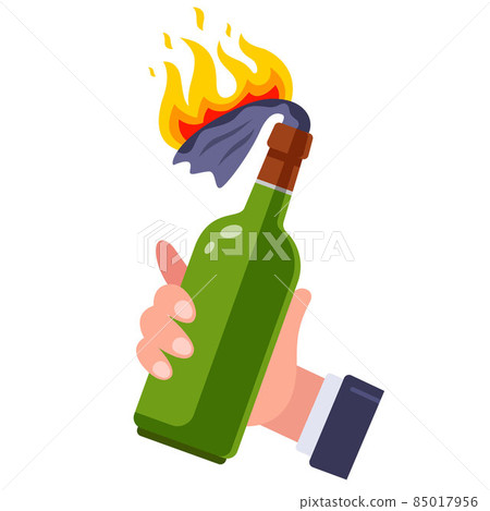 bottle of molotov cocktail in a man's hand. 85017956