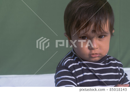 Close up portrait of one cute Sweet little baby looking shock and sad, wonder and feeling surprised about something Indian ethnicity. Head shot. Front view. Copy space for text. Close up portrait of one cute Sweet little baby looking shock and sad, wonder and feeling surprised about something Indian ethnicity. Head shot. Front view. Copy space for text. 85018143