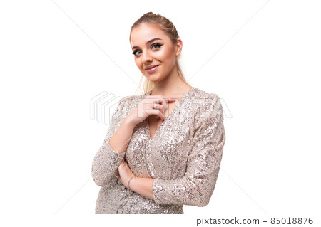 Photo of beautiful attractive positive smiling young woman with ponytail and makeup in festive Photo of beautiful attractive positive smiling young woman with ponytail and makeup in festive 85018876