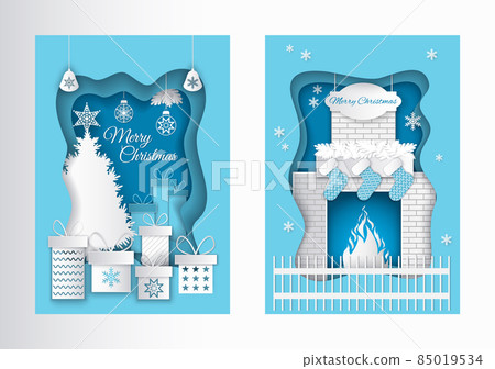 Merry Christmas Postcard Paper Cut Pine, Fireplace 85019534
