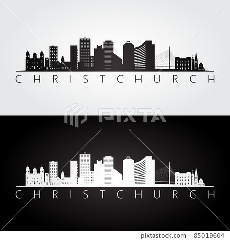 Christchurch skyline and landmarks silhouette 85019604