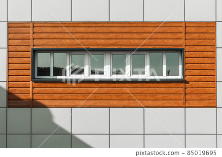 Wooden wall background with white squares and with small windows. Light wood pattern. Modern wood 85019695