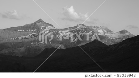 Monochrome image of the Les Diablerets mountain range. Monochrome image of the Les Diablerets mountain range. 85019948
