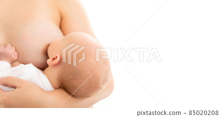 close-up of the female breast from which the child the infant drinks milk, natural feeding of the 85020208