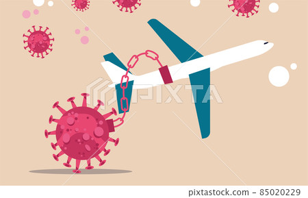Traveling by plane during the virus. Flights and trains for business in times of crisis. Corona virus holds an airplane in a chain and prevents it from flying trip away vector illustration concept 85020229