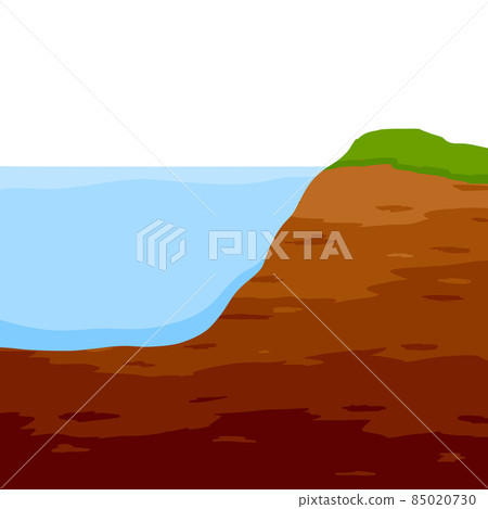 Water shore. Land in cross section. Coast of pond and bottom of lake. Ecology and geology. Flat cartoon illustration Water shore. Land in cross section. Coast of pond and bottom of lake. Ecology and geology. Flat cartoon illustration 85020730