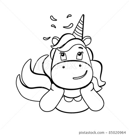 Funny unicorn coloring book. Cute thoughtful cartoon pony character in black and white style. For postcards, posters, book illustrations. Vector illustration in doodle style. Funny unicorn coloring book. Cute thoughtful cartoon pony character in black and white style. For postcards, posters, book illustrations. Vector illustration in doodle style. 85020964