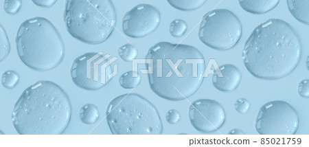 Banner of blue doses of acid, hyaluronic moisturizing serum or gel on a monochrome background. Abstract backdrop pattern. Beauty product wallpaper. Cosmetics or healthcare protection concept.  85021759