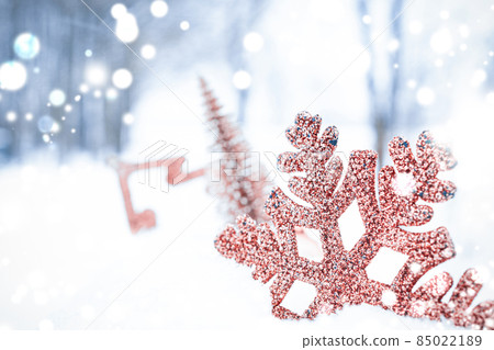 Christmas decoration snow. Happy new year ornament with golden balls, xmas holiday tree. White winter snow background. Minimal snowflake backdrop. Christmas decoration snow. Happy new year ornament with golden balls, xmas holiday tree. White winter snow background. Minimal snowflake backdrop. 85022189