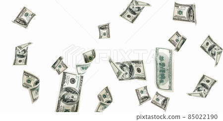Hundred dollar bill. Falling money isolated on white background. American cash. Hundred dollar bill. Falling money isolated on white background. American cash. 85022190