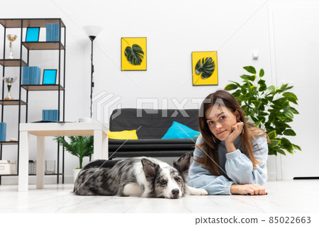 The teen and her dog lie on the floor together, relaxing in their spare time from exercising. Intelligent Border Collie Sheepdog. Modern interior design of the apartment. The teen and her dog lie on the floor together, relaxing in their spare time from exercising. Intelligent Border Collie Sheepdog. Modern interior design of the apartment. 85022663