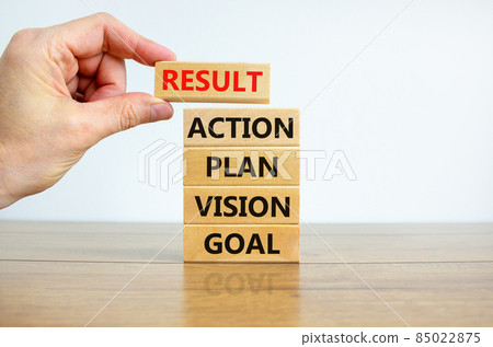Business concept growth success process. Blocks stacking as step stair on white background, copy space. Words goal, vision, plan, action, result. Conceptual image of idea, innovation and ambition. Business concept growth success process. Blocks stacking as step stair on white background, copy space. Words goal, vision, plan, action, result. Conceptual image of idea, innovation and ambition. 85022875