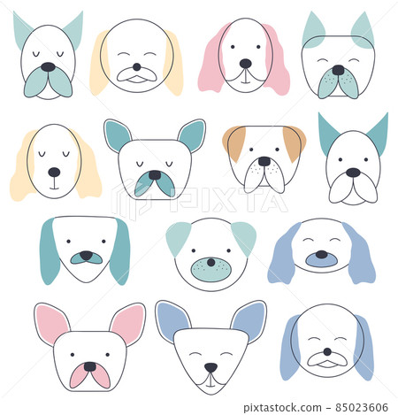 Collection of facial expressions of different breeds of dogs. Cute baby style, suitable for newborn Collection of facial expressions of different breeds of dogs. Cute baby style, suitable for newborn 85023606