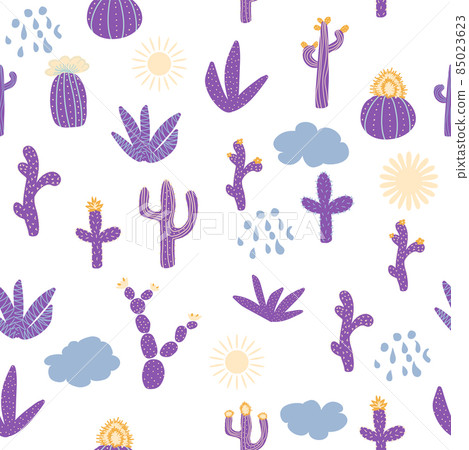 Seamless patterns with different cacti. Vibrant repeating texture with purple cacti. Background with desert plants 85023623