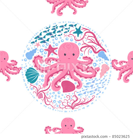 Seamless pattern with cute octopus, seaweed and pearl. Childish seamless pattern with cute hand drawn. Trendy nursery background 85023625