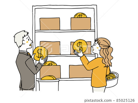 Men and women who divide the budget Company financial accounting, income, expense calculation Loose line drawing person illustration 85025126