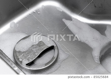 Image of cleaning the kitchen sink with foam detergent Image of cleaning the kitchen sink with foam detergent 85025684