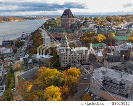 Aerial view of Quebec City Old Town in the fall season sunset time. Aerial view of Quebec City Old Town in the fall season sunset time. 85025912