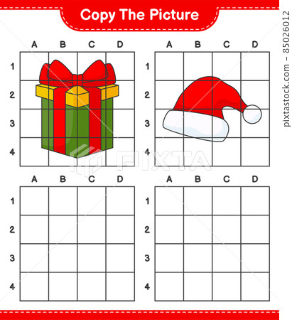 Copy the picture, copy the picture of Santa Hat and Gift Box using grid lines. Educational children game, printable worksheet, vector illustration Copy the picture, copy the picture of Santa Hat and Gift Box using grid lines. Educational children game, printable worksheet, vector illustration 85026012
