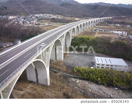 Joshinetsu Expressway Ueda Roman Bridge Ueda City, Nagano Prefecture (aerial view by drone) 85026143