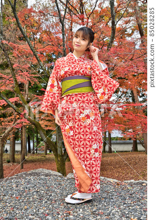 秋季葉子和日本衣服婦女 85028285