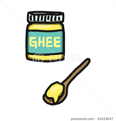 Illustration of edible butter oil "Ghee". Bottle and spoon. 85029647