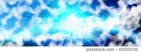 Illustration of a blue sky, floating clouds, a starry sky, and a shining planet Illustration of a blue sky, floating clouds, a starry sky, and a shining planet 85030536