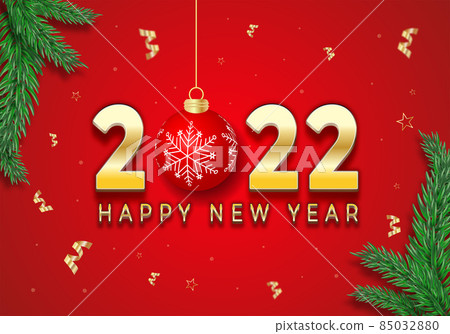 New Year 2022 Banner with Branches, Ribbon, Red Christmas Ball and Gold Text Effect 85032880