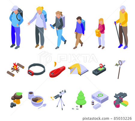 Camping trip with kids icons set isometric vector. Kids camp 85033226