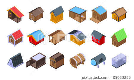 Dog kennel icons set isometric vector. Pet food Dog kennel icons set isometric vector. Pet food 85033233