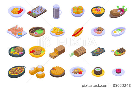 German cuisine icons set isometric vector. Cafe sausage 85033248