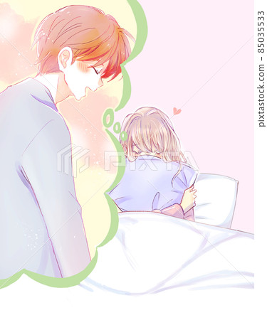 A woman who thinks about her loved one in bed 85035533