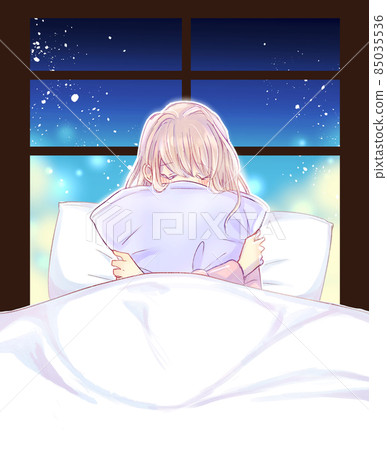 Woman hugging a cushion on the bed Love 85035536