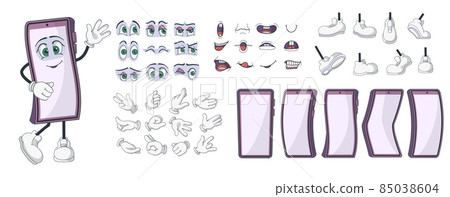 Smartphone characters kit. Cartoon phone animation construction kit with screen body, hands legs and face emotion elements. Vector set illustration design character creation mobile phone 85038604