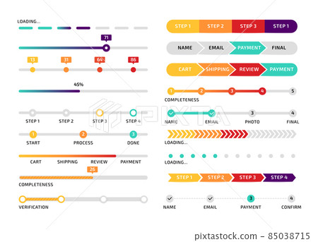 Progress bar. Step process graphic indicator design, app abstract interface element, website color download stage. Vector infographic set interface digital load performance rate 85038715