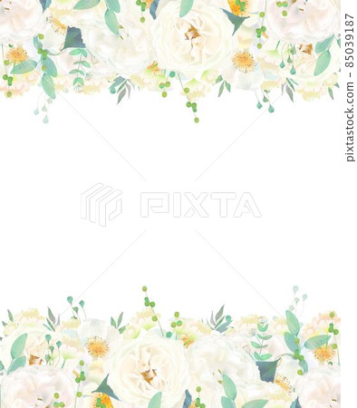 美麗的白玫瑰花和清爽的葉子邀請垂直框架矢量插圖素材 85039187