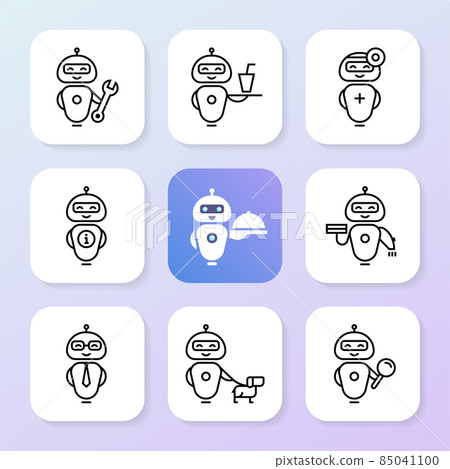 A collection of robotic assistants with various tools and outfits. 85041100