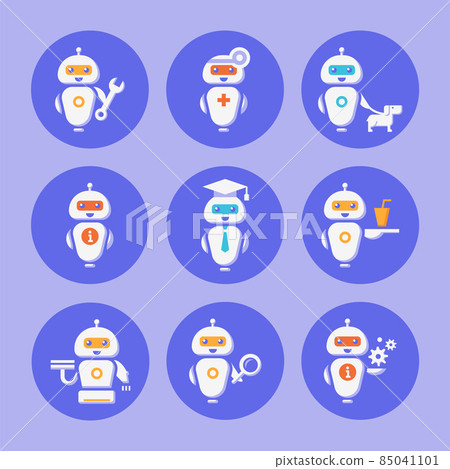 A collection of robotic assistants with various tools and outfits. 85041101