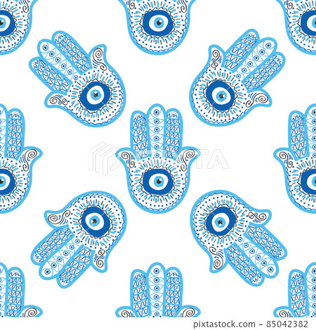 Hamsa eye, magical eye seamless pattern. Magic, witchcraft, occult symbol. Blue white golden eyes. Fabric textile wallpaper 85042382