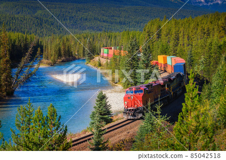 Train passing through Morant's Curve in bow valley, Canada 85042518