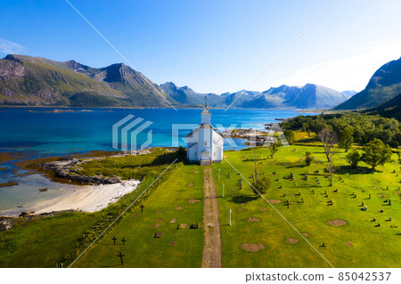Aerial view of Gimsoy church on Lofoten Islands in Norway 85042537