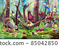 Magic mushrooms in forest garden with trees illustration art, fantasy drawing with butterfly over sunlight, birds, beetles, bushes, grass, leaves in nature. Summer floral park in vector. 85042850