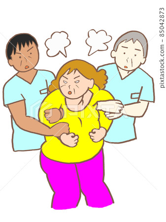 狂躁狀態:一個女人的手臂被精神科護士抱住 狂躁狀態:一個女人的手臂被精神科護士抱住 85042873