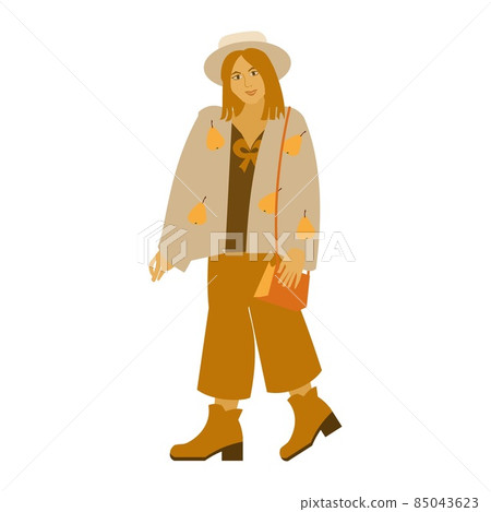Red hear girl in boho outfit. Modern women inin a light hat. jacket with print and trousers. Vector illustration on white background Red hear girl in boho outfit. Modern women inin a light hat. jacket with print and trousers. Vector illustration on white background 85043623