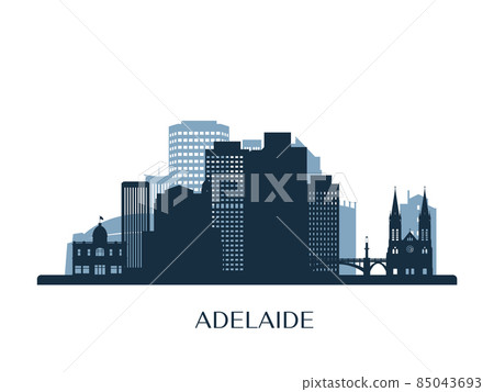 Adelaide skyline, monochrome silhouette. Adelaide skyline, monochrome silhouette. 85043693