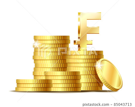 Stack of coins with Gold shiny Swiss Franc currency symbol. Stack of coins with Gold shiny Swiss Franc currency symbol. 85043713