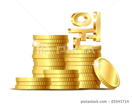 Stack of coins with Gold shiny Korean won local currency symbol. Stack of coins with Gold shiny Korean won local currency symbol. 85043714