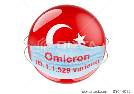 Omicron Covid-19 variant B.1.1.529 in Turkey, concept. Turkish flag with medical mask. 3D rendering Omicron Covid-19 variant B.1.1.529 in Turkey, concept. Turkish flag with medical mask. 3D rendering 85044052