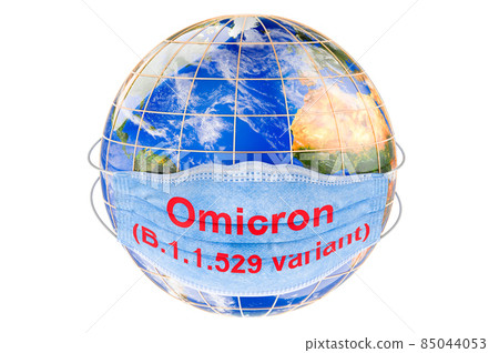 Omicron Covid-19 variant B.1.1.529 in the world, concept. Earth Globe with medical mask. 3D rendering 85044053